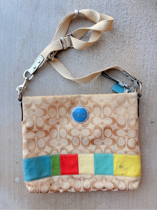 Coach Handbags - Coach Beige Signature Canvas Crossbody with Multicolor Leather Panels